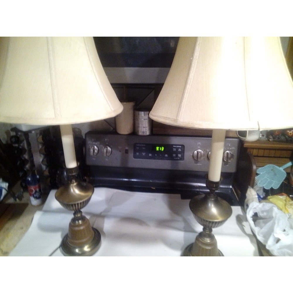 Vintage Pair of Chapman Brass Candlestick Buffet Table Lamps with Shades